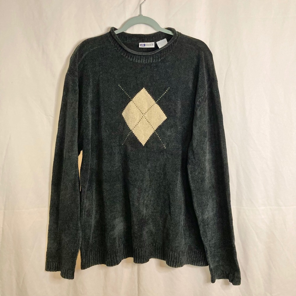 Vintage Dark Gray Argyle Chenille Knit Rolled Crew Neck Sweater UNTIED L 90s Y2K